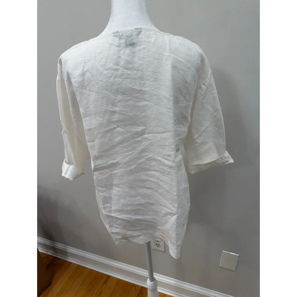 Tommy Bahama Womens White 100% Linen Scoop Neck Elbow Sleeve Tunic Top XS